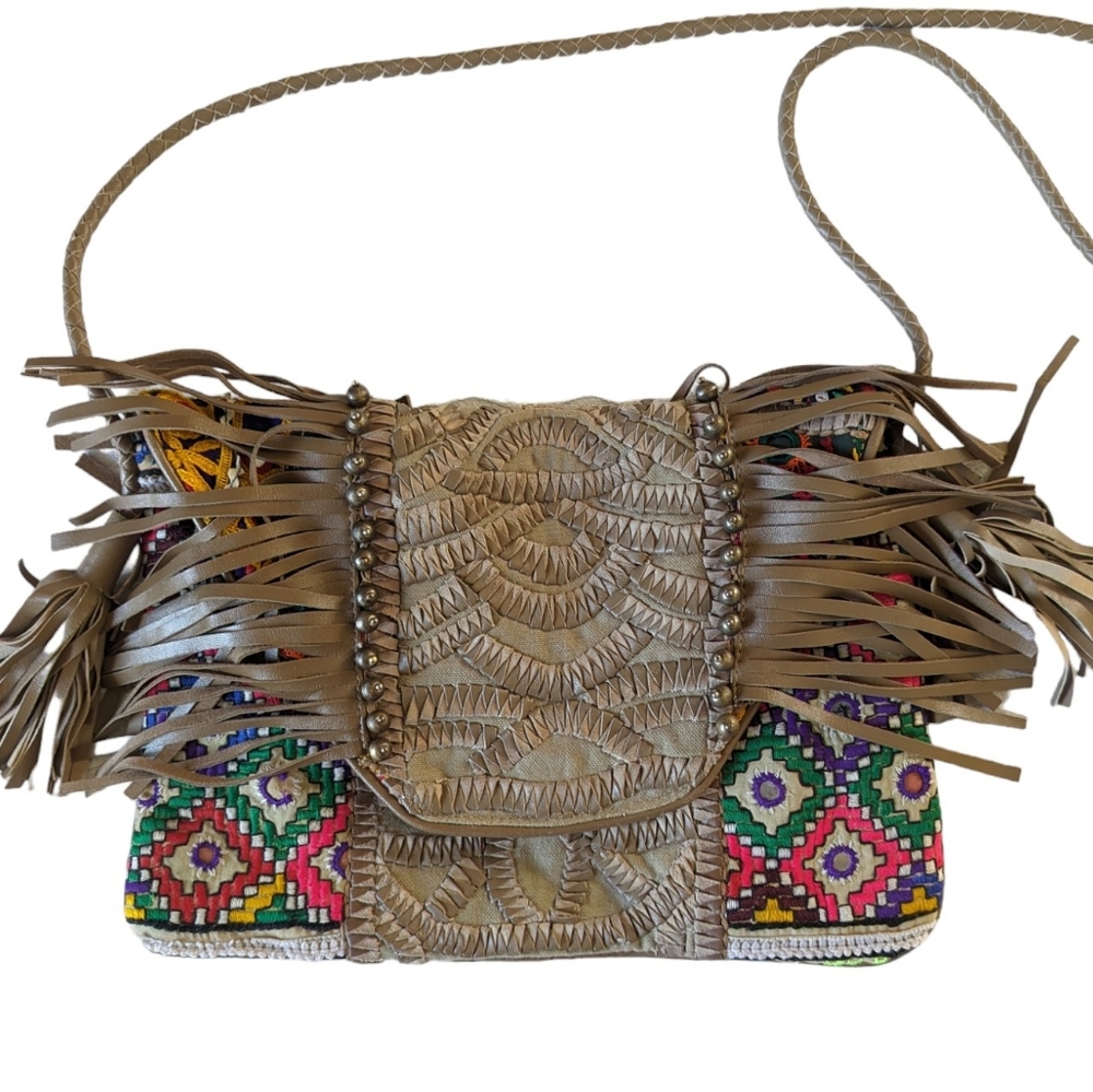 Clever Carriage Company Crossbody Fringe Brown Embroidered Colorful Purse Boho